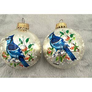 2 Krebs Blue Jay Bird Frosted/SATIN MICA Glass Christmas Ornament Glitter Winter